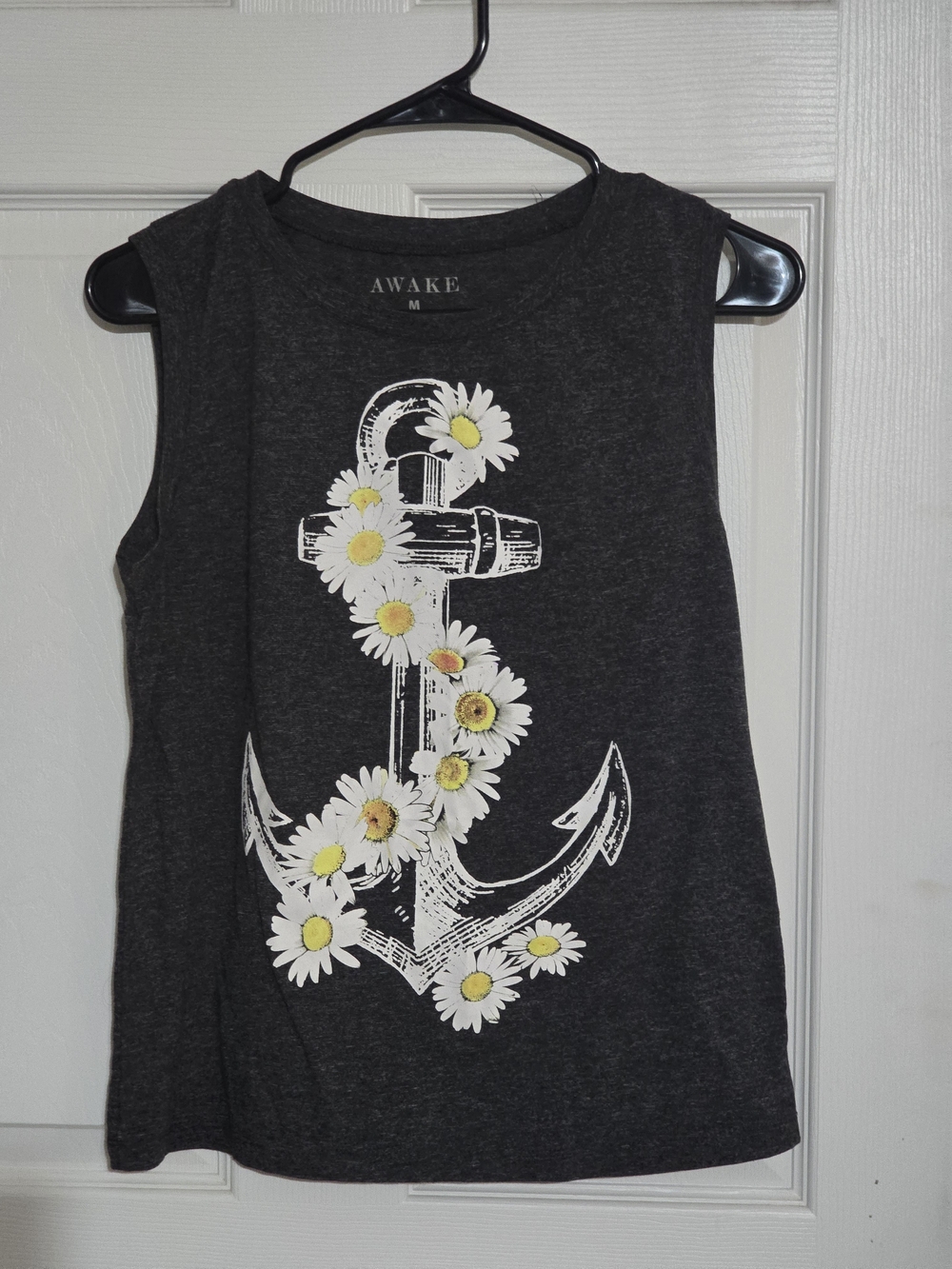 Awake Dark Gray Tank Top with White Daisy Anchor Graphic